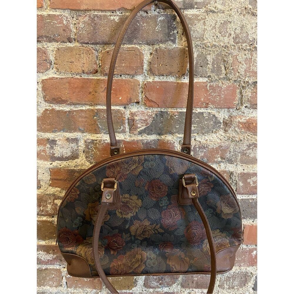 SUN Rose Floral Print Black Faux Leather Brown ‘Gator Trim Shoulder Bag - Picture 2 of 13